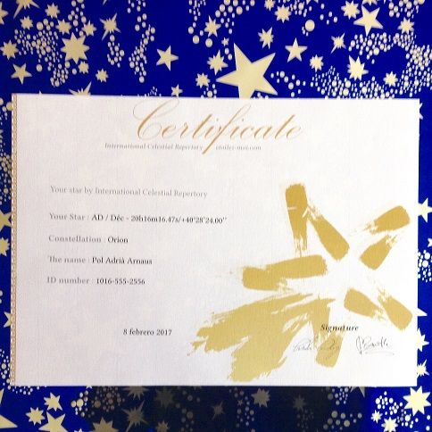 Certificado acreditativo de un bautizo de estrella