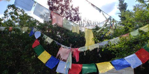 Banderas de colores de oraciones budistas ondeando al viento