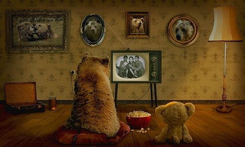 Familia de osos viendo la televisión en blanco y negro